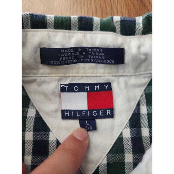 Vtg 90s Tommy Hilfiger Checker Men's L Button Down Shirt Lions Crest & Flag - Picture 10 of 10